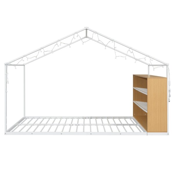 Full Size Bed House Frame With Shelves And Lights - White