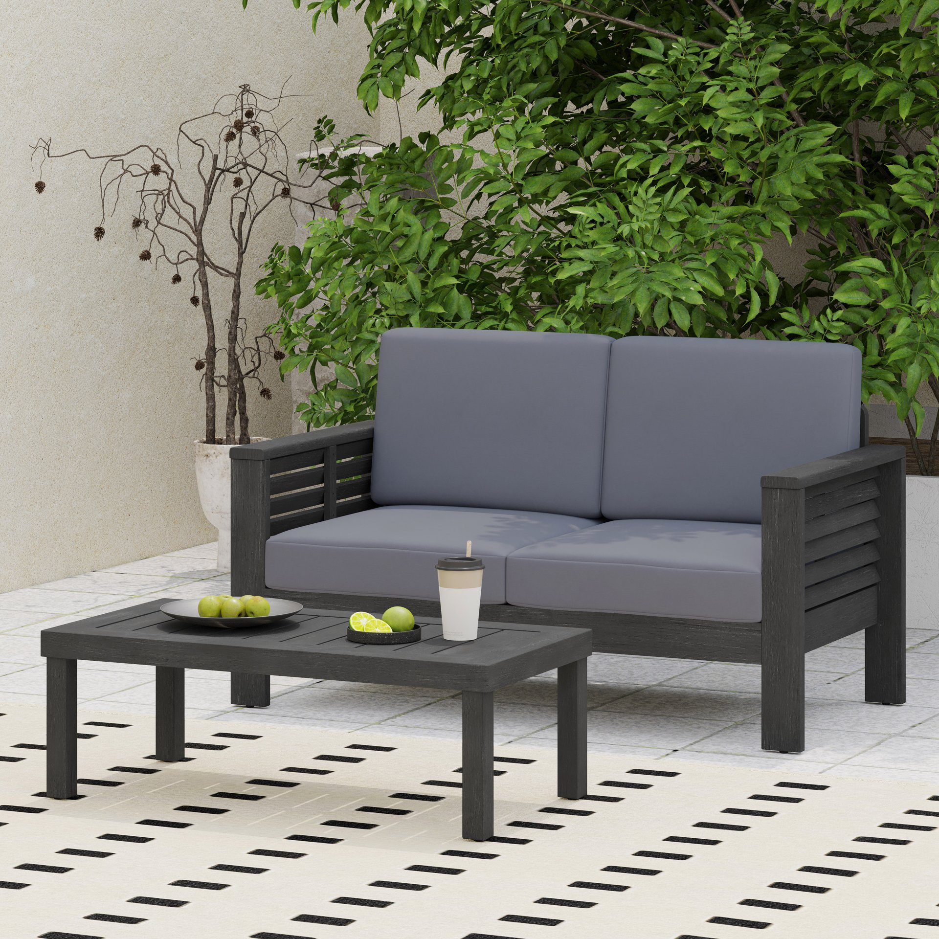 Acacia Wood Outdoor Loveseat And Coffee Table Set With Cushions - Dark Gray - Image 2