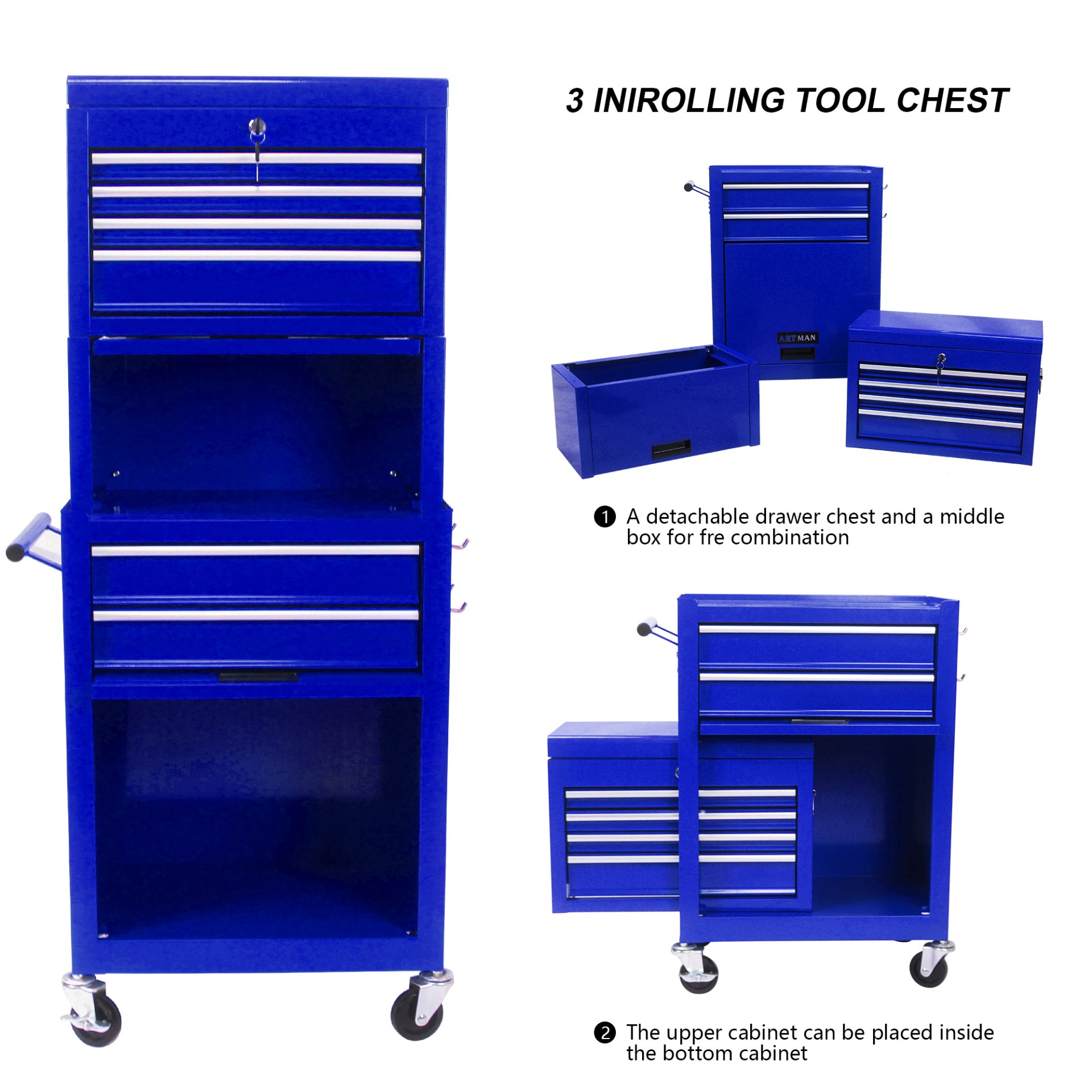6 Drawer Lockable Tool Cabinet On Wheelsб Steel Rolling Tool Chest With Detachable Toolbox, 2 In 1 Garage Workshop Storage Organizer With 4 Universal Casters - Blue - Image 9
