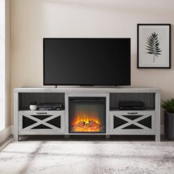 Industrial Farmhouse Metal Mesh Drop Down X Door 70" Fireplace TV Stand For 80" TVs - Stone Gray