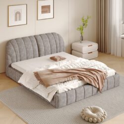 Queen Size Upholstered Platform Bed, Polyester - Gray