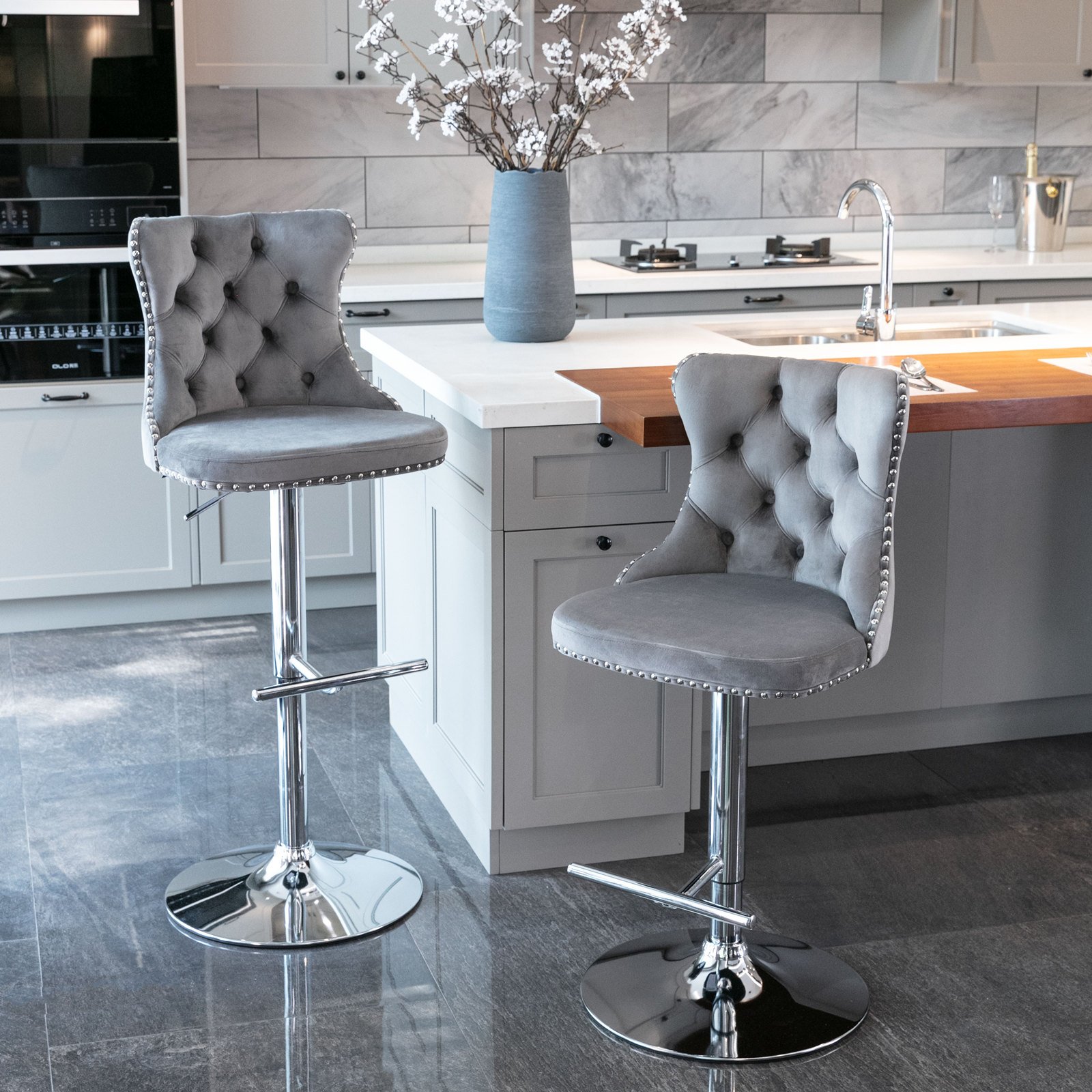 Swivel Velvet Barstools Adjusatble Seat Height From 25-33", Modern Upholstered Chrome Base Bar Stools With Backs Comfortable Tufted For Home Pub And Kitchen Island (Set of 2) - Gray - Image 11
