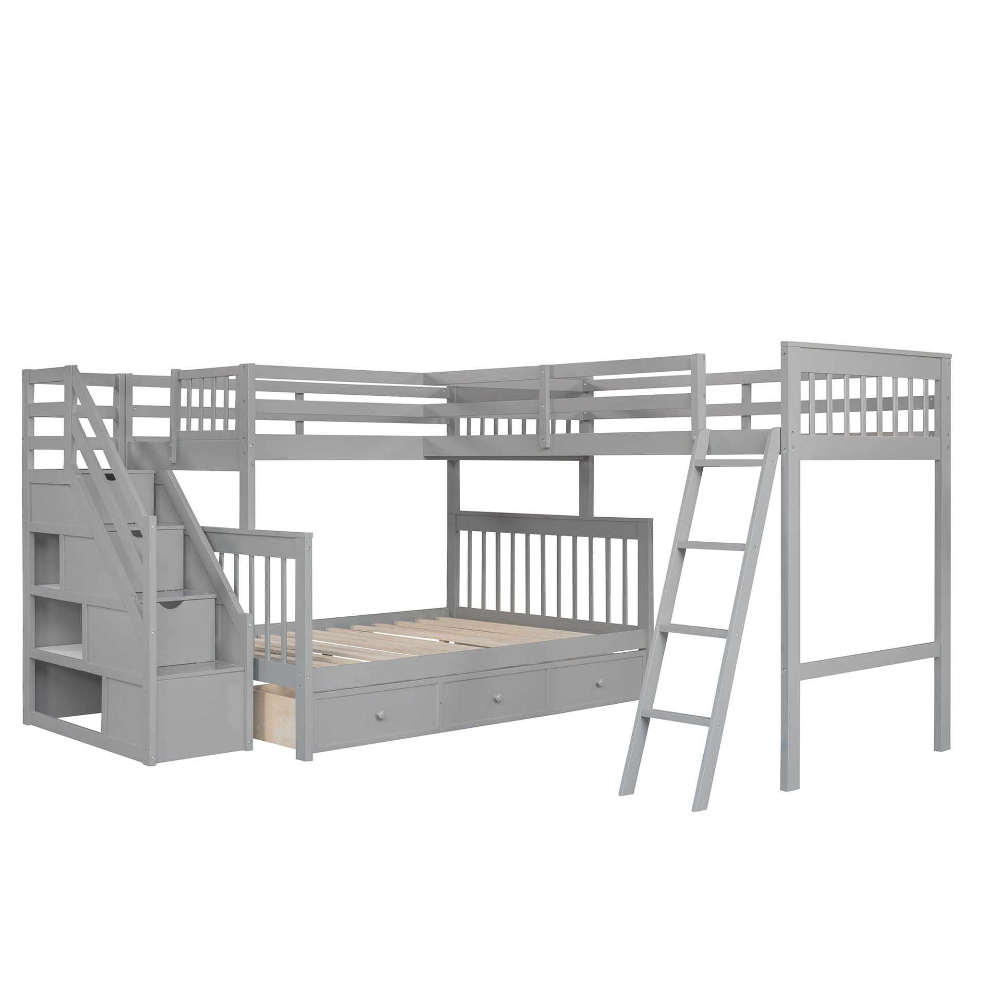 Twin Over Full L Shaped Bunk Bed & 3 Drawers, Ladder And Staircase - Gray - Image 4
