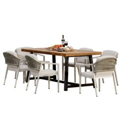 7 Piece Outdoor Dining Set With Acacia Wood Table And Iron Frame Chairs - Gray / Natural