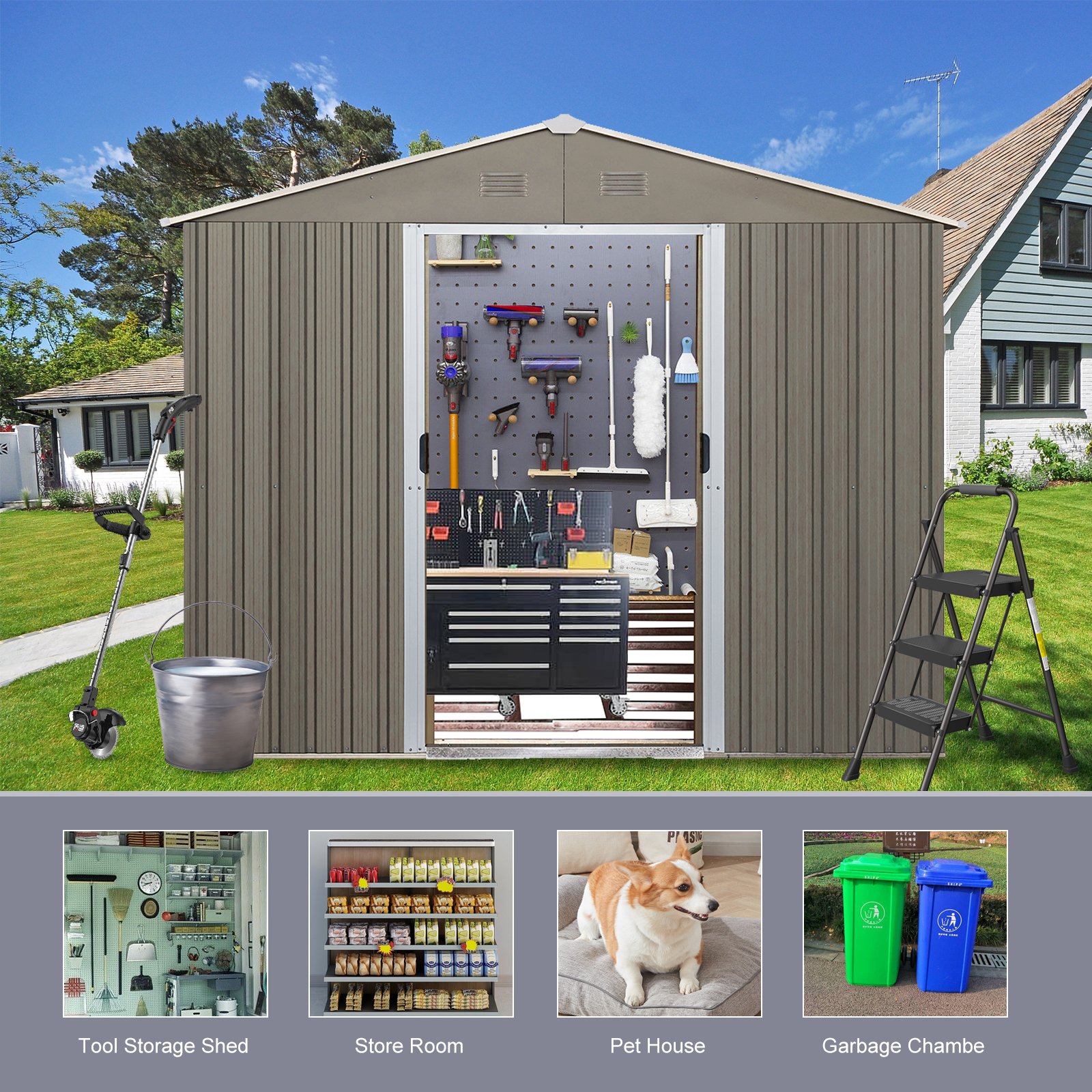 8X10Ft Outdoor Metal Storage Shed - Gray - Image 6