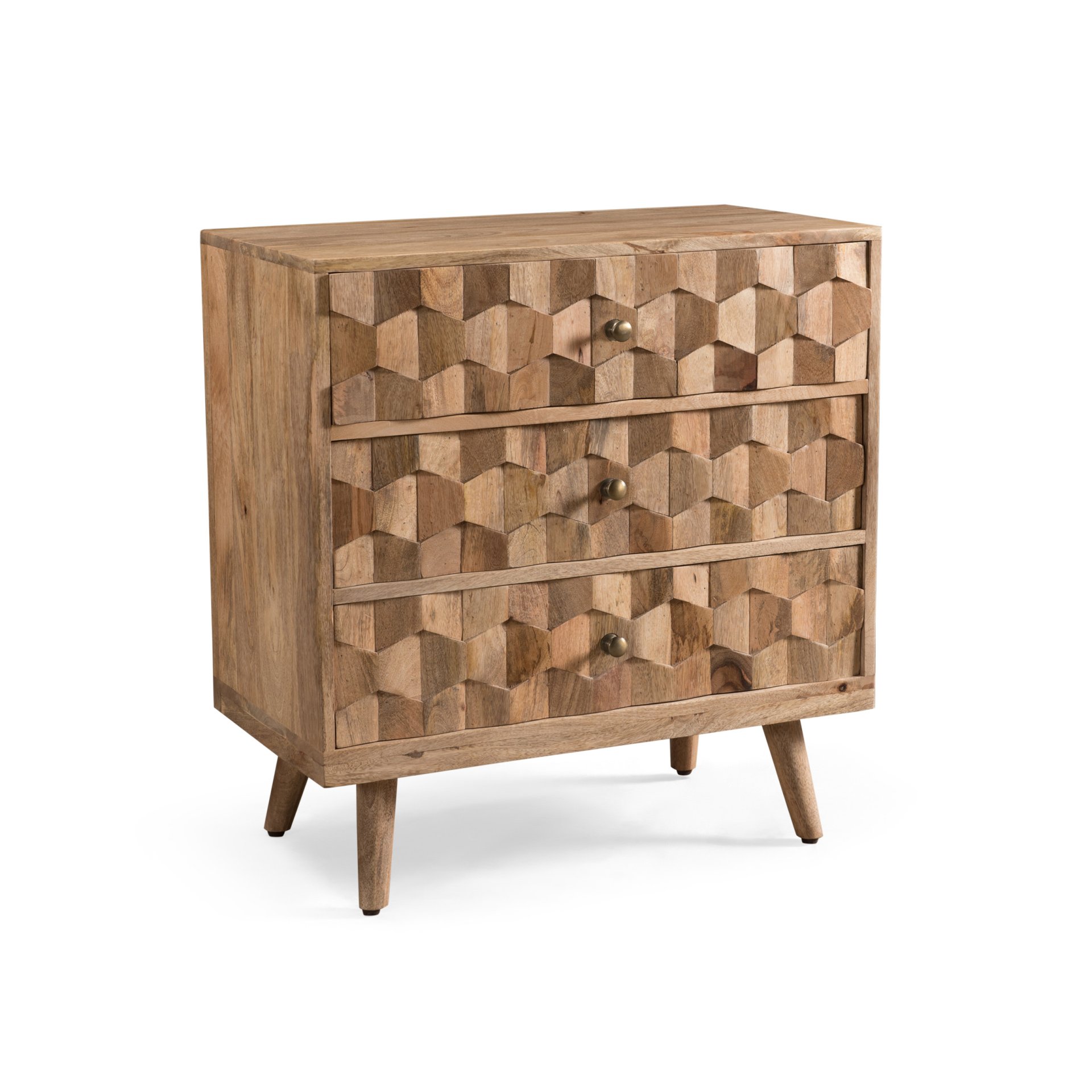 Mid Century Modern Mango Wood 3 Drawer Chest With 3D Tile Weave Design - Natural - Image 4