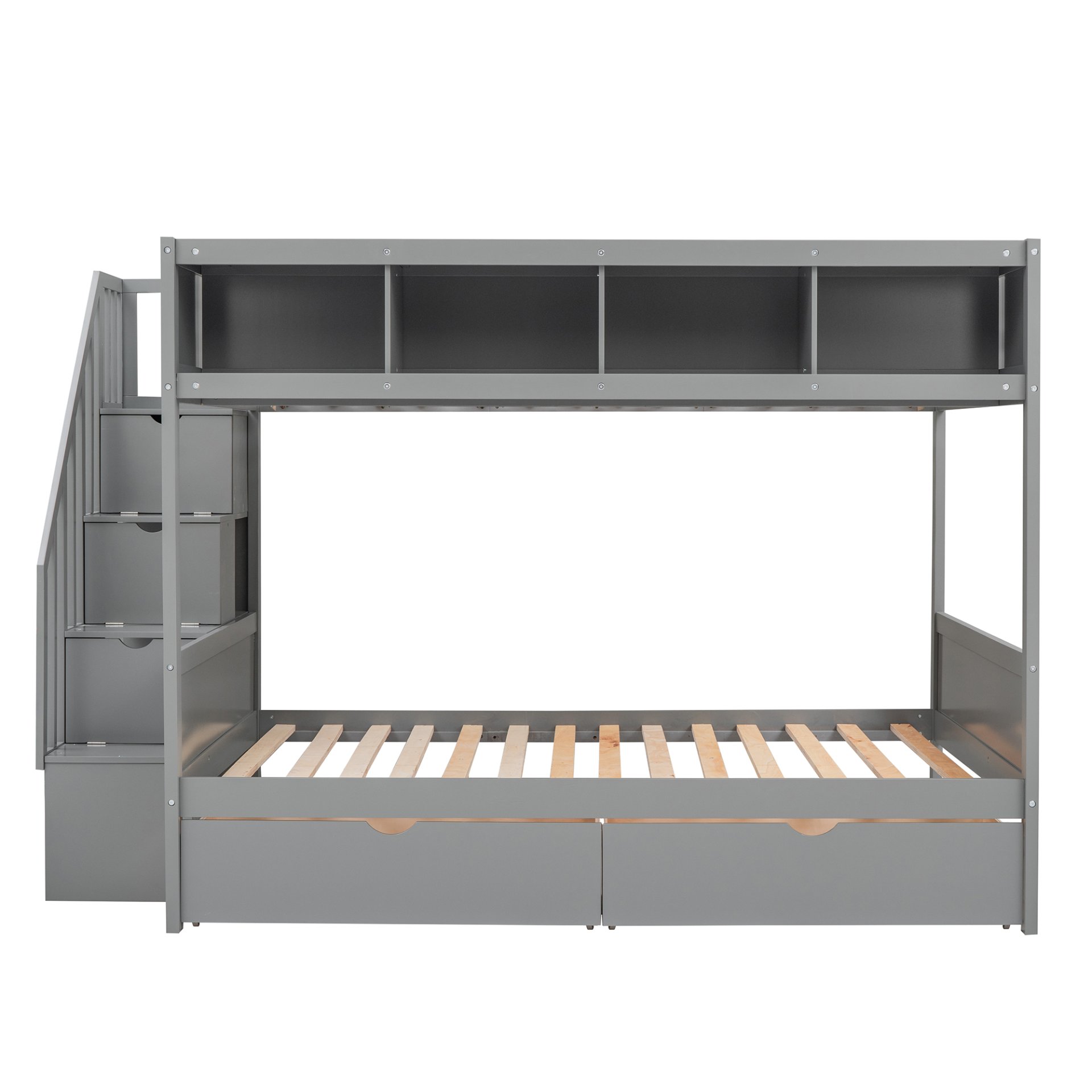 Twin Over Full Bunk Bed With Shelfs, Storage Staircase And 2 Drawers - Gray - Image 6