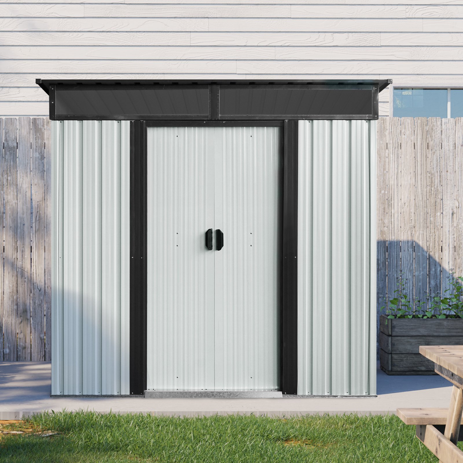 6Ft X 5Ft Outdoor Metal Storage Shed With Lockable Sliding Doors And Transparent Plate For Garden, Lawn - White / Black - Image 7