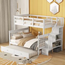 Twin Over Full Bunk Bed With Twin Size Trundle, Storage And Guard Rail For Bedroom - White