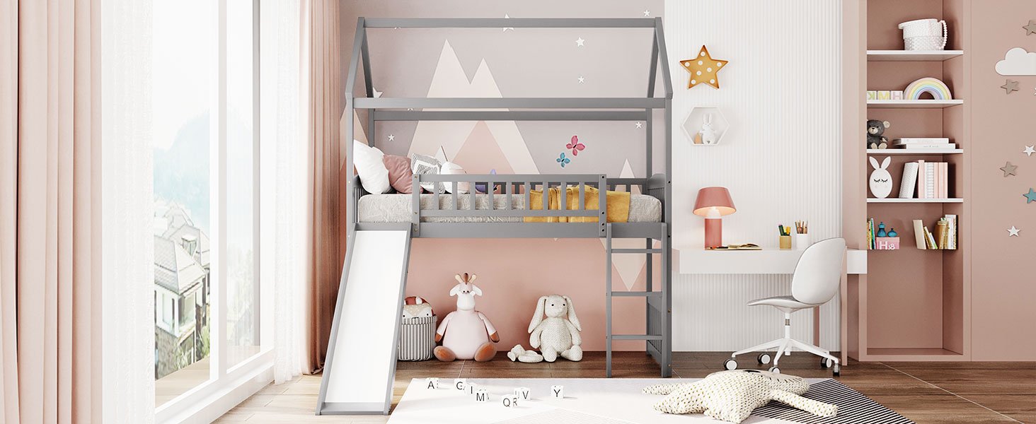 Twin House Loft Bed With Slide - Gray - Image 3