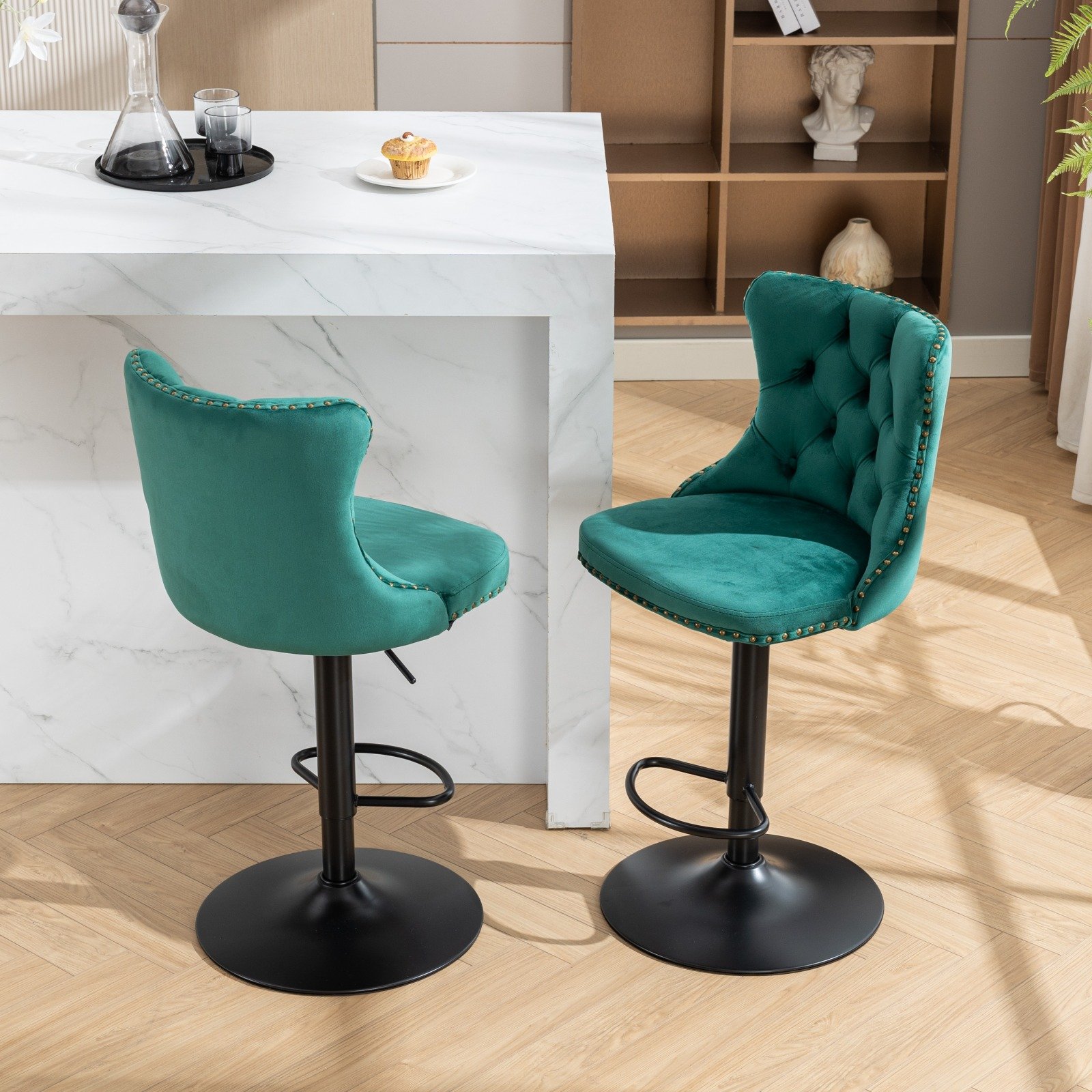 Swivel Velvet Barstools Adjusatble Seat Height, Modern Upholstered Bar Stools With Backs Comfortable Tufted For Home Pub And Kitchen Island (Set of 2) - Green - Image 18