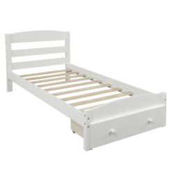 Twin Platform Bed Frame With Storage Drawer And Slat Support No Box Spring Needed - White