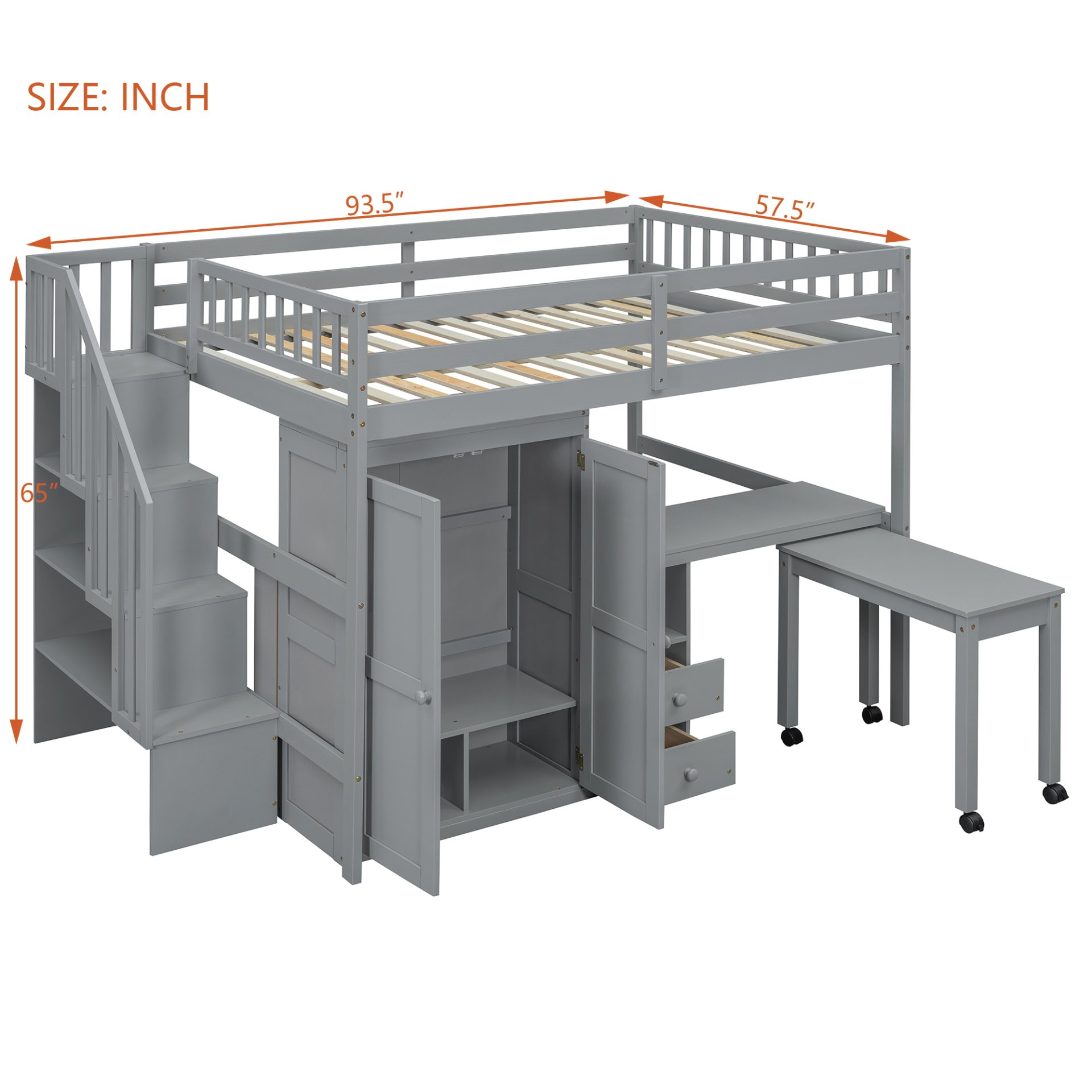 Full Size Loft Bed With Stairs, Bookshelf, Drawers, Desk & Wardrobe, Space Saving Multifunctional Furniture - Gray - Image 8