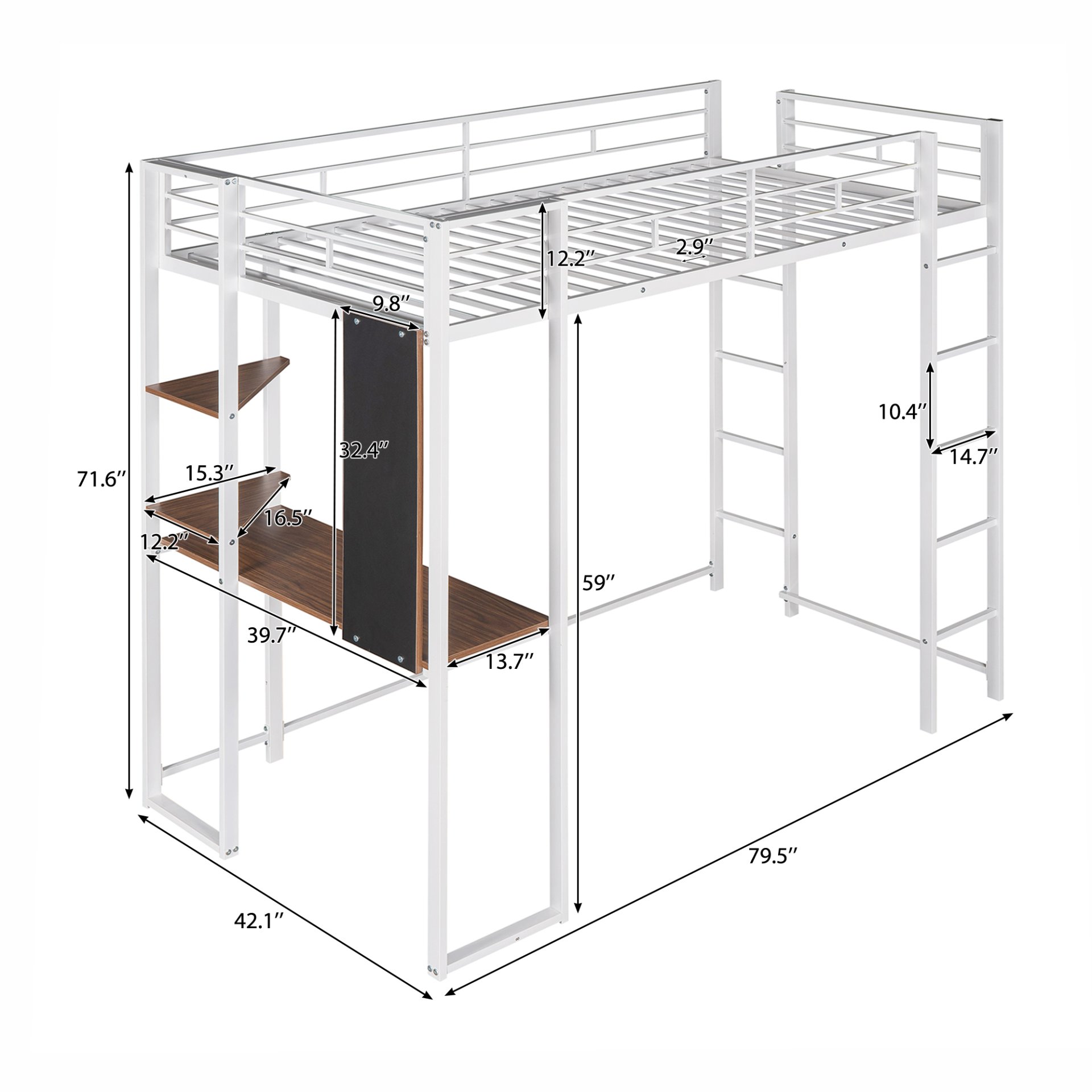 Hearth & Haven - Twin Metal Loft Bed With 2 Shelves And One Desk - White - Image 3
