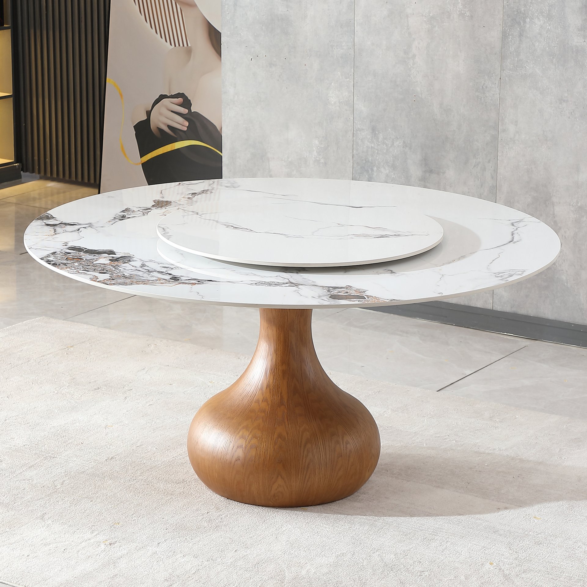 Round Dining Table 53" With Lazy Susan - Walnut / White - Image 4