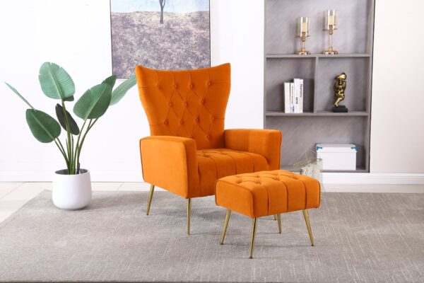 Modern Accent Chair With Ottoman, Comfy Armchair For Living Room, Bedroom, Apartment, Office - Orange