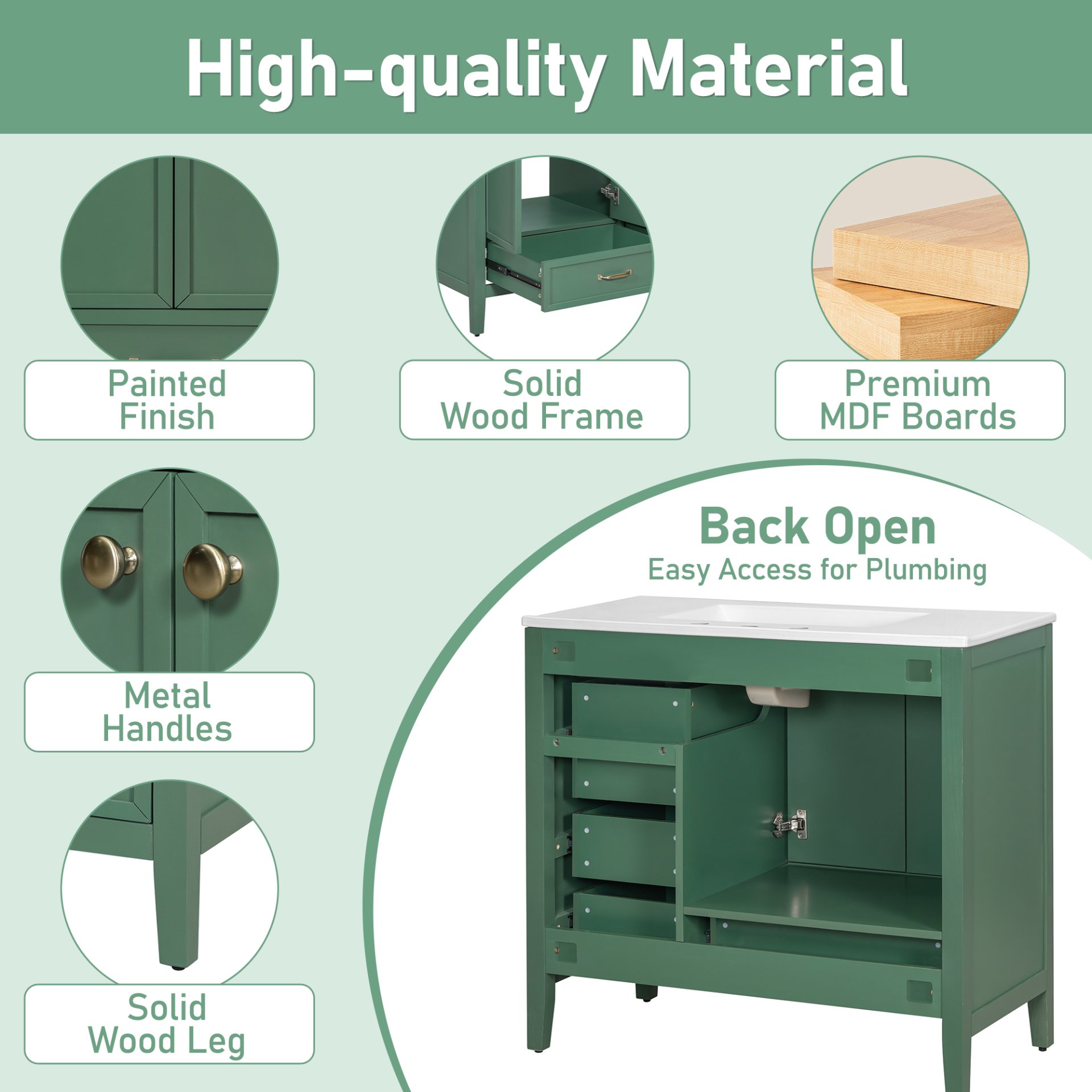 Elegant Vintage 36" Bathroom Vanity With Sink And Soft Closing Door, 4 Drawers Of Different Sizes Frame - Green - Image 8