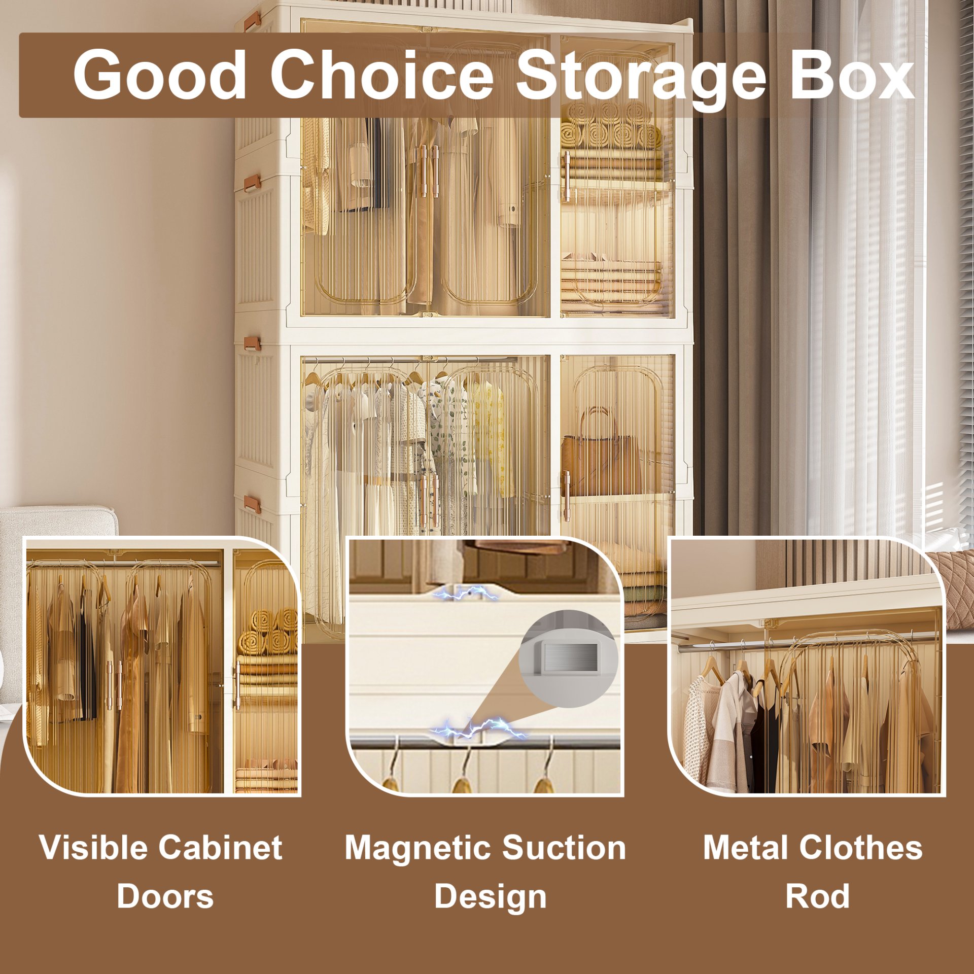 Portable Wardrobe Closet Storage Organizer For Clothes, 9 Magnetic Doors With 9 Cubes & 2 Hanging Rods, 6 Hangers - Cream White - Image 9