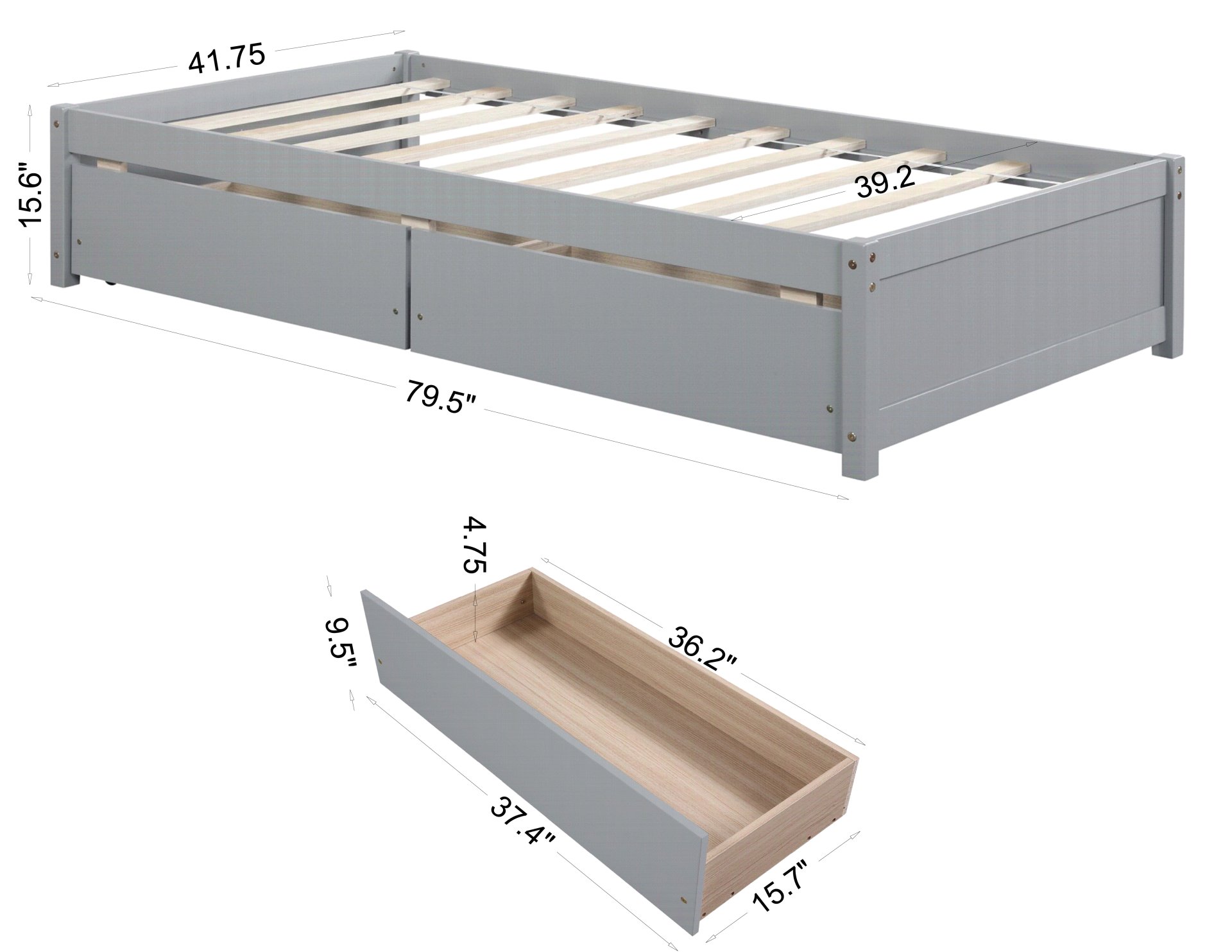 Twin Bed With 2 Drawers, No Box Spring Needed - Gray - Image 10