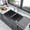 Double Bowl Sink Apron Front Kitchen Sink 16 Gauge & 2 Deep Basins - Gunmetal Black - Image 4