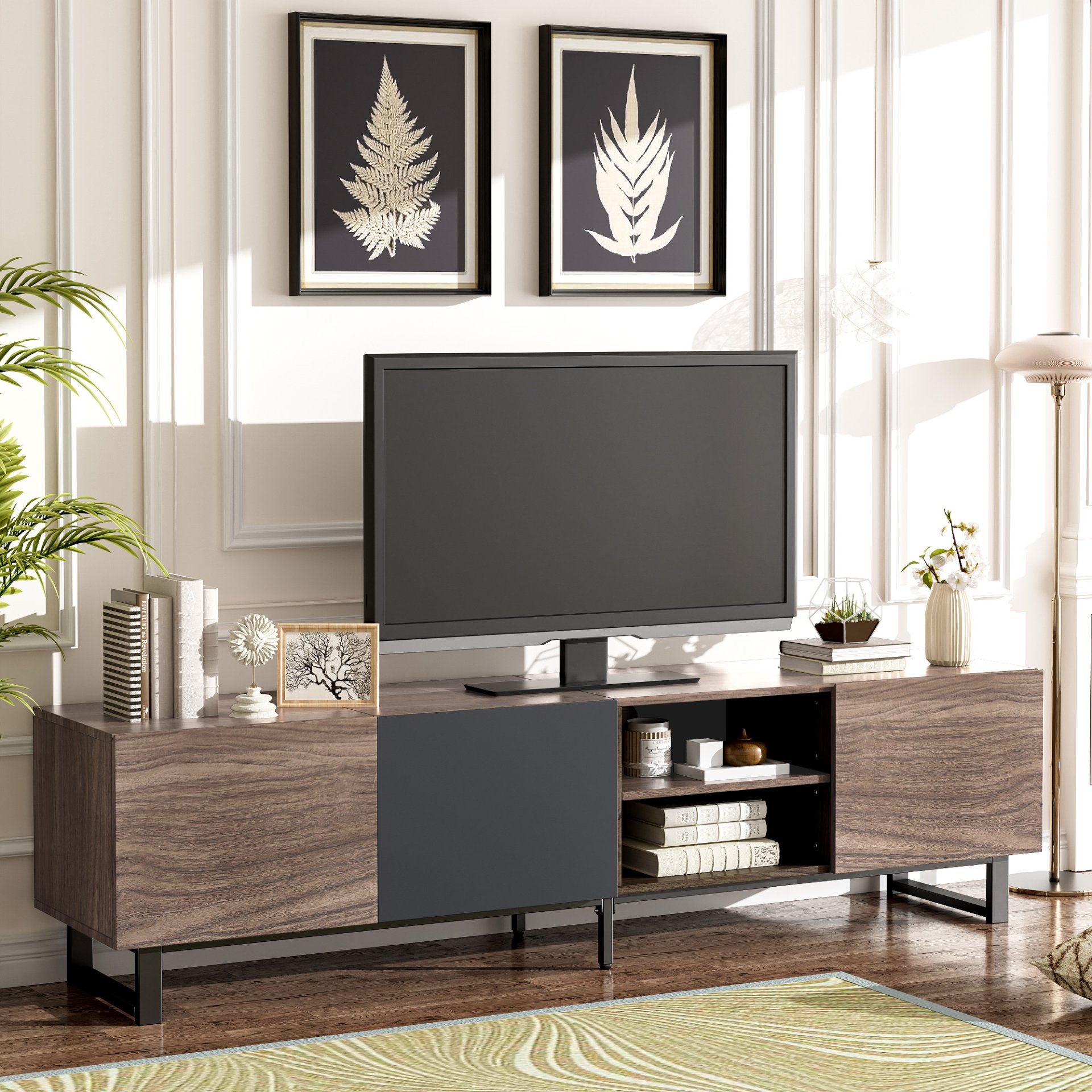 Modern TV With 3 Cabinets & Open Shelves, Color-Matching Media Console Table For Tvs Up To 80'', Entertainment Center With Drop Down Door For Living Room - Dark Brown - Image 4