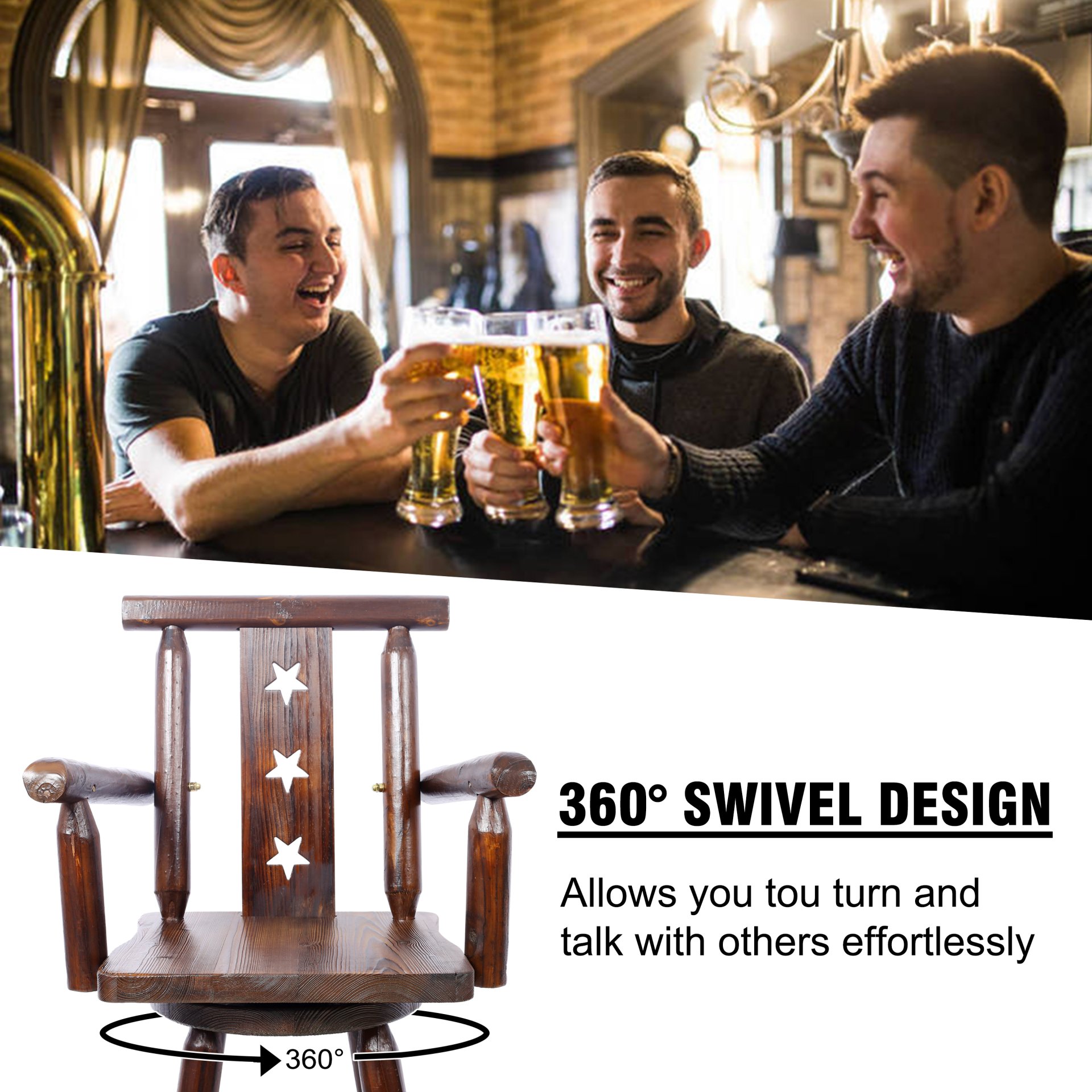 Rustic Tall Bistro Chair Decorative Star Backrest And Footrest, Fir Wood, 4 Foot - Brown - Image 2