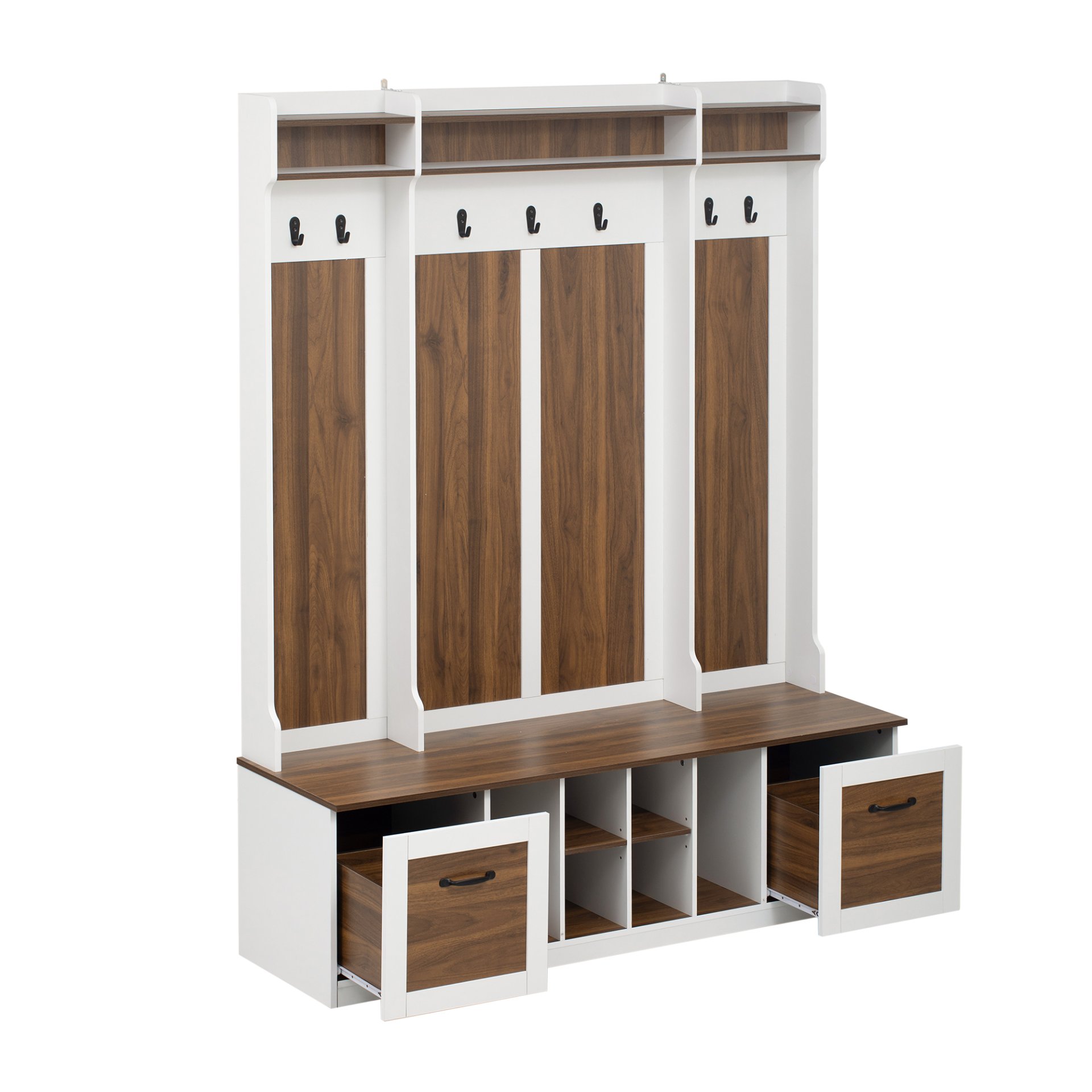 5 In 1 Entryway Bench With Coat Rack, 7 Sturdy Hooks, 2 Spacious Drawers And Adjustable Shelves, Wide Hall Tree With Metal Handles For Hallway - Brown / White - Image 13