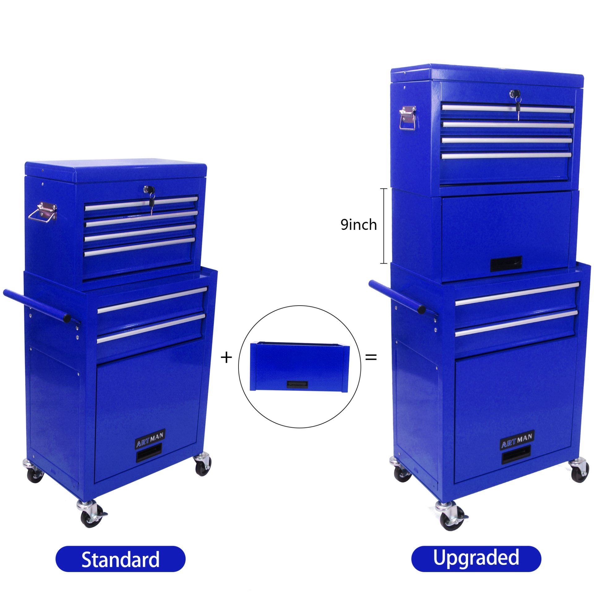 6 Drawer Lockable Tool Cabinet On Wheelsб Steel Rolling Tool Chest With Detachable Toolbox, 2 In 1 Garage Workshop Storage Organizer With 4 Universal Casters - Blue - Image 7