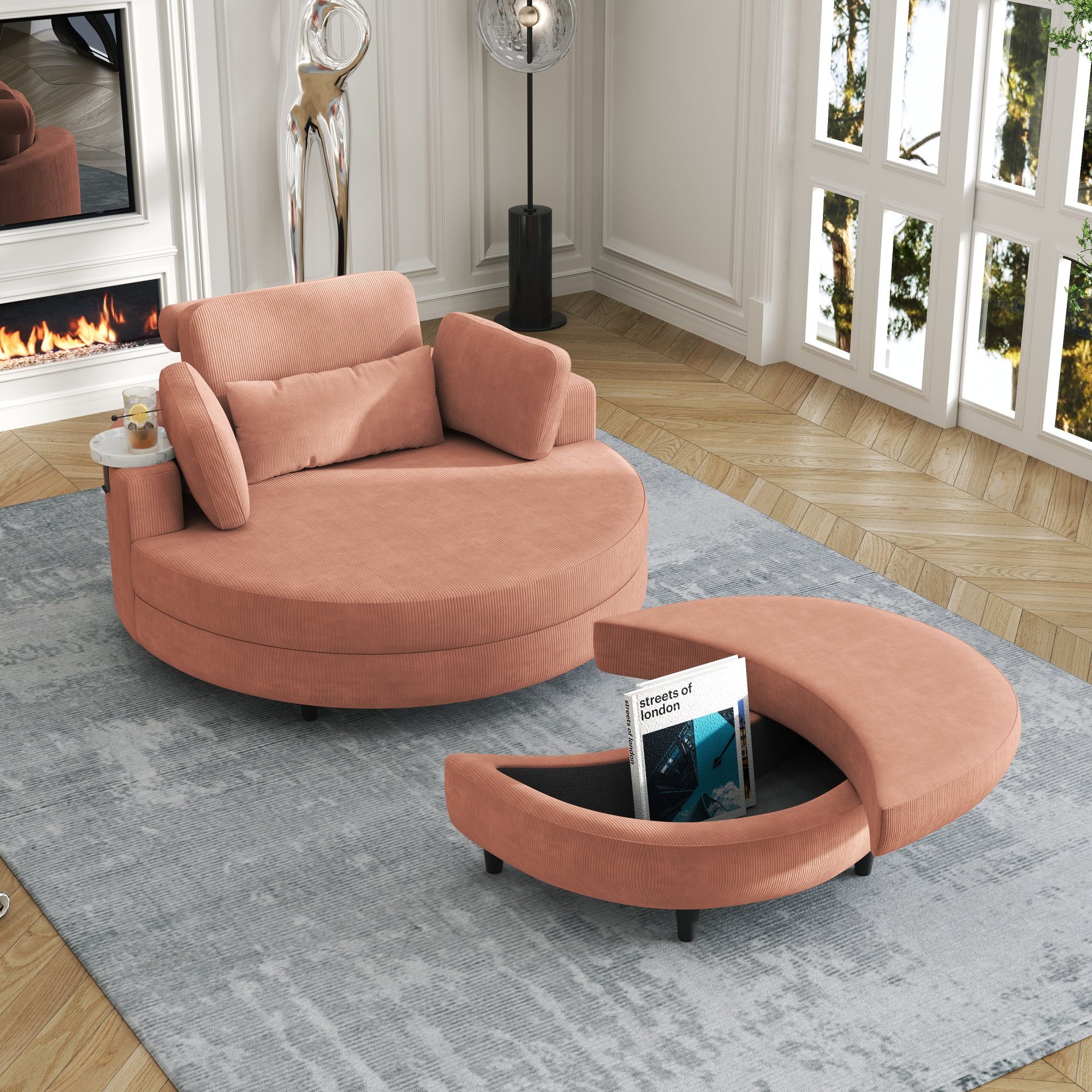 Corduroy Sofa With Two Throw Pillows, A Waist Pillow And An Extra Tray Is Comfortable For A Small Apartment Bedroom - Orange - Image 5