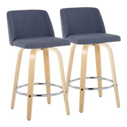 Toriano - Contemporary Fixed Height Counter Stool With Swivel & Round Footrest (Set of 2) - Natural / Blue