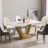 63" Modern Artificial Stone Panel V-Shaped Metal Legs, Can Accommodate 6-8 People - White / Gold - Image 2