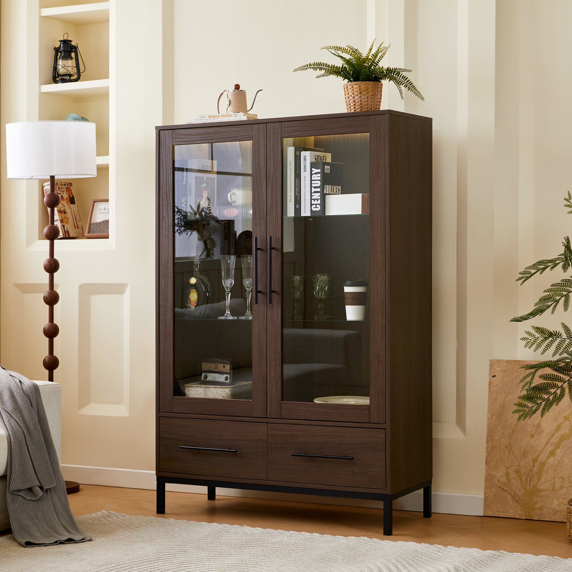 Modern Style Tall Display Cabinet With LED Lighting, Tempered Glass Door, 2 Drawers - Black / Dark Walnut - Image 4