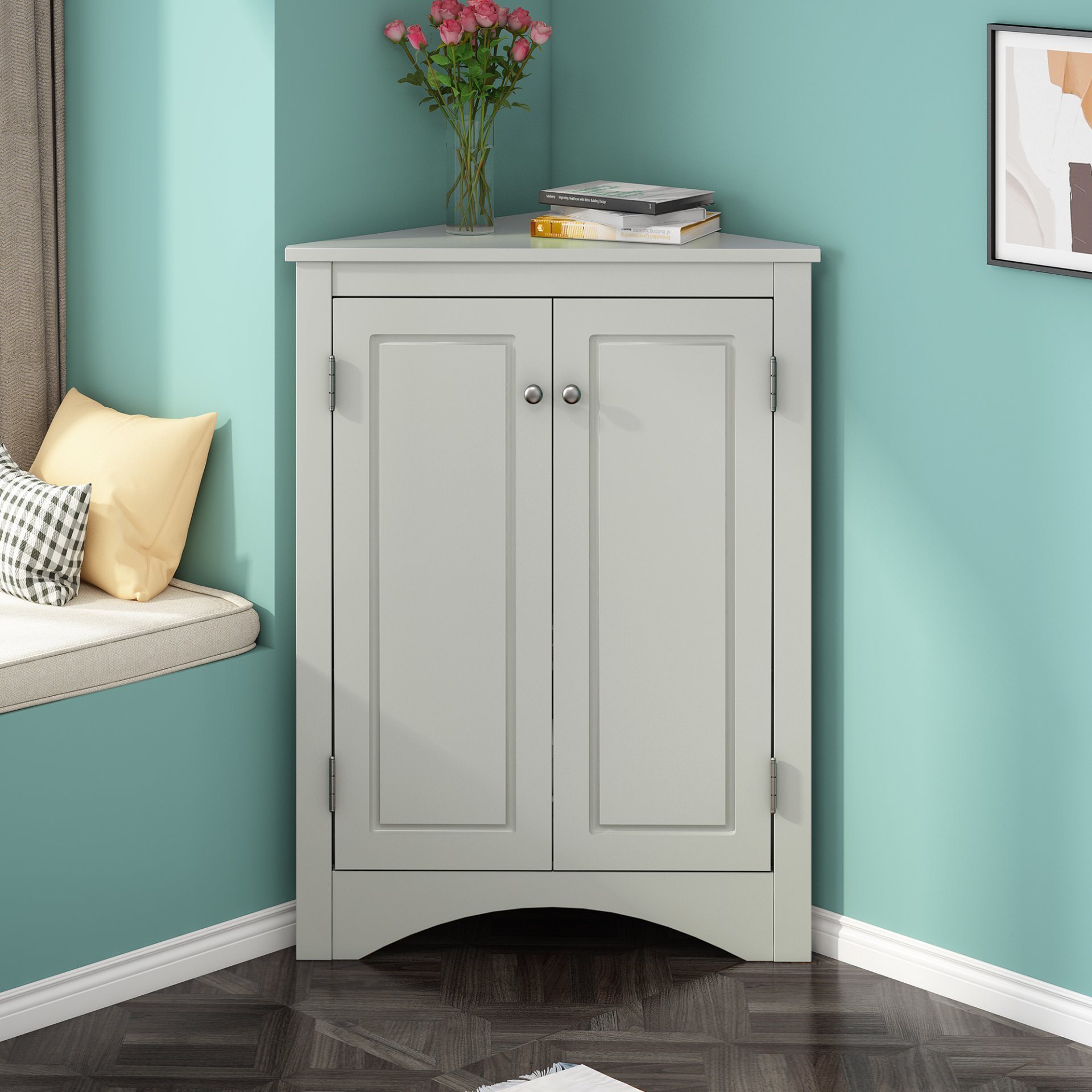 Triangle Bathroom Storage Cabinet With Adjustable Shelves, Freestanding Floor Cabinet For Home Kitchen - Gray - Image 6