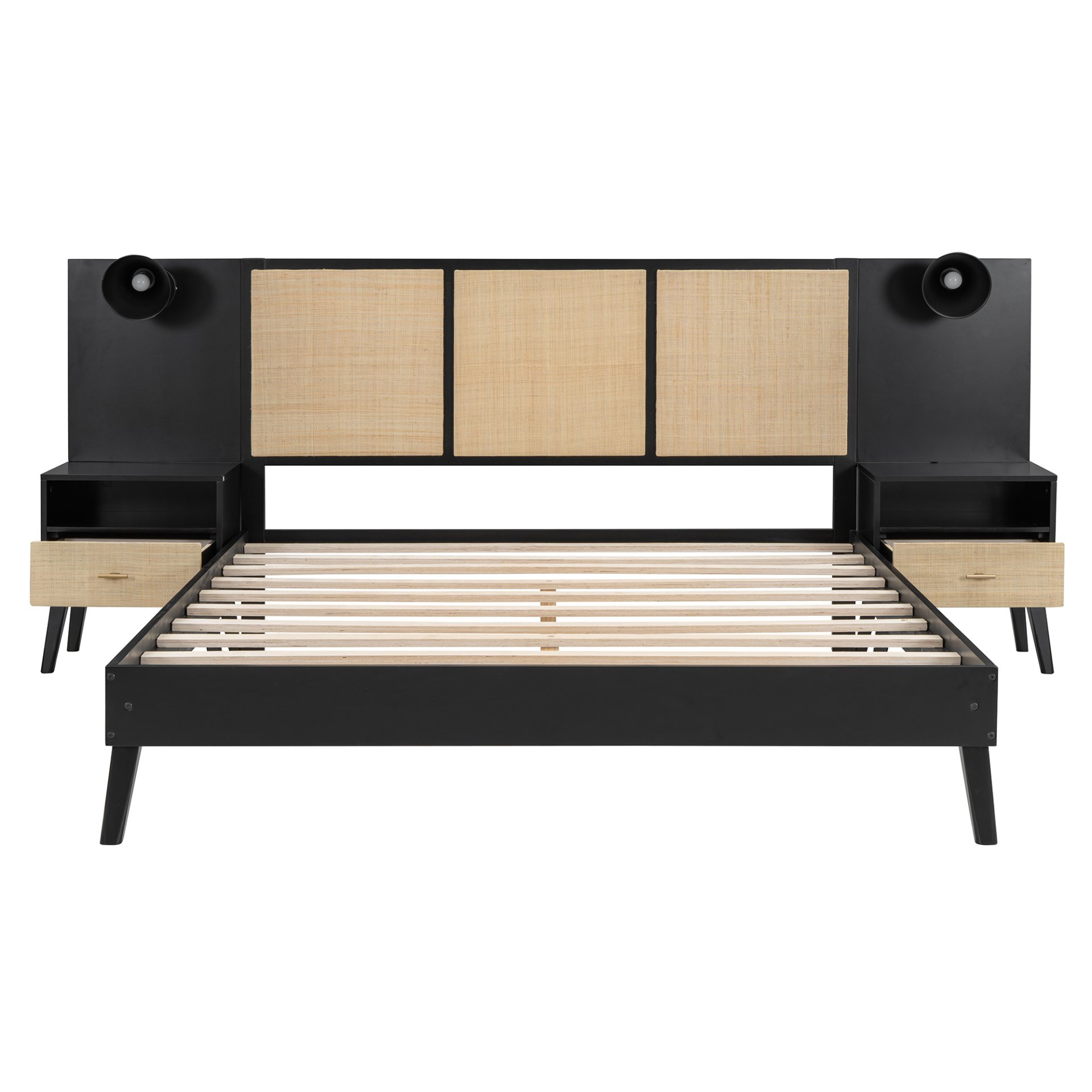 Queen Size Bed Frame With 2 Nightstands Elegant Design With Lamps - Black - Image 8