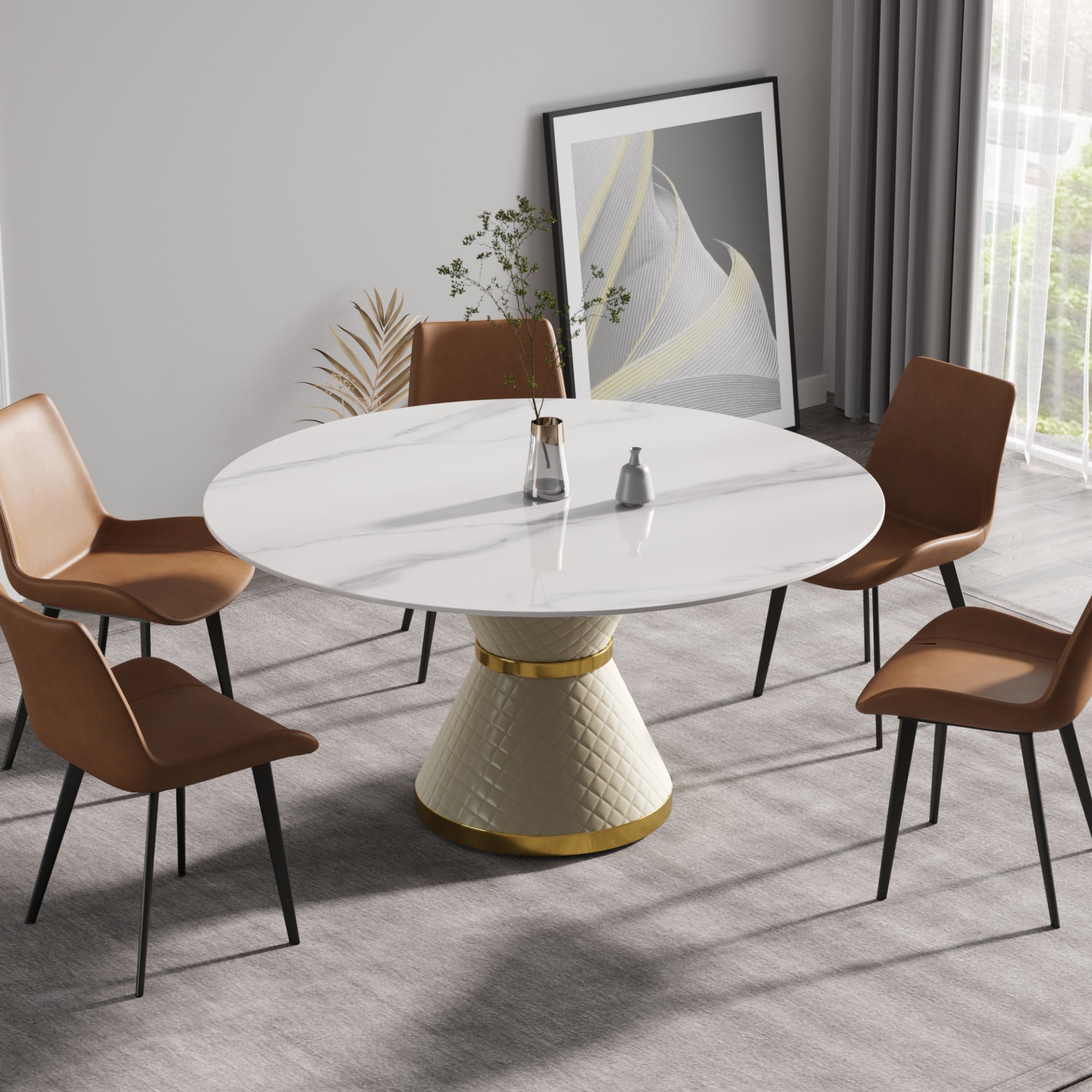 59.05" Modern Artificial Stone Round Carbon Steel Base Dining Table, Can Accommodate 6 People - White - Image 2