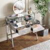 33.9" Mirrored Makeup Vanity Desk With Mirror And Lights, Mirrored Console Vanity Table With 2 Big Drawers & Open Shelf, Dressing Table With Charging Station For Bedroom - Silver - Image 2