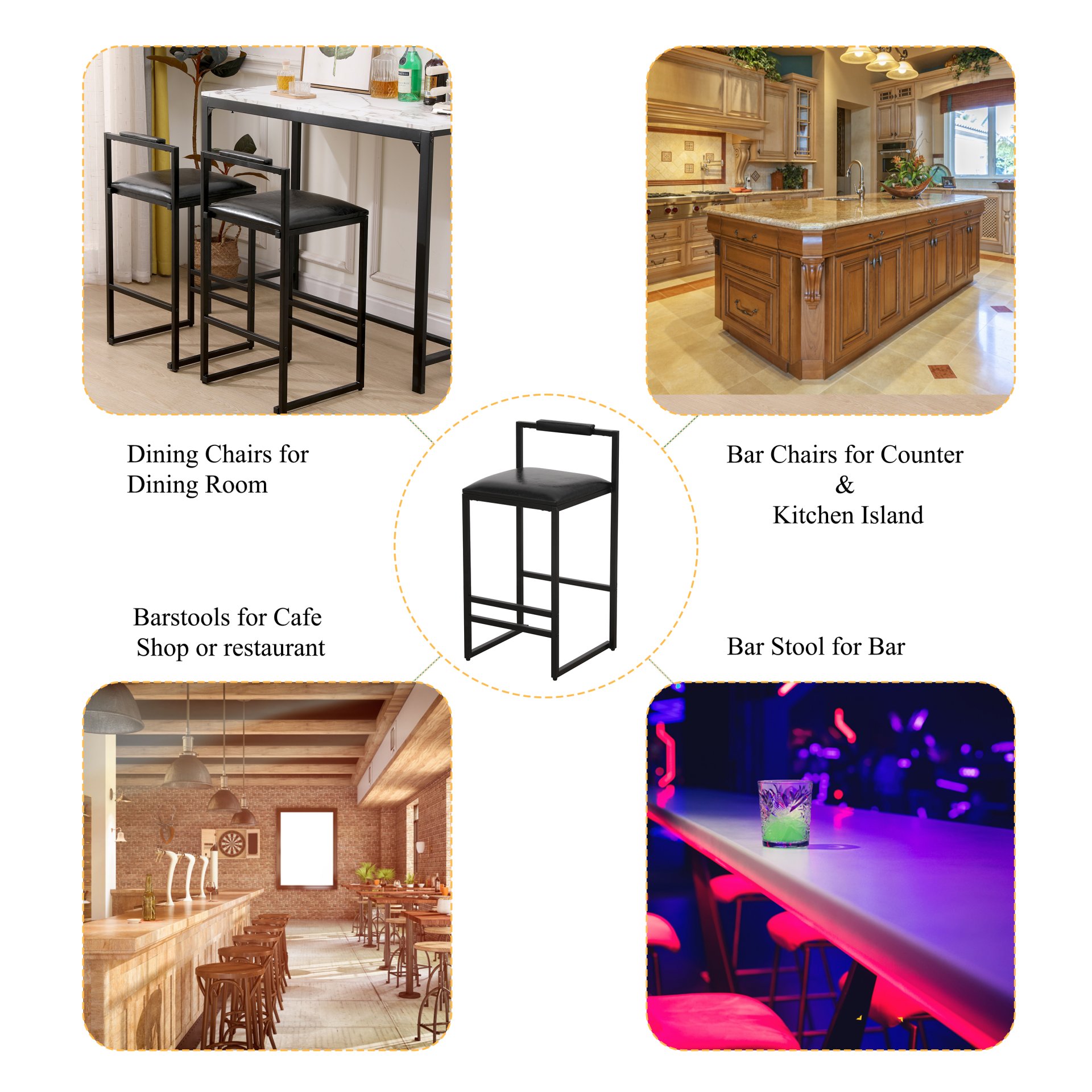 Elegant Bar Stool Set With Backrest And Footrest, Upholstered, Iron Frame, Counter Height - Black - Image 8