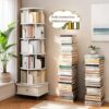6 Tier Rotating Bookshelf With Wheels And Drawer, 360° Spinning Design, Space Saving Storage, For Home And Office - White - Image 5
