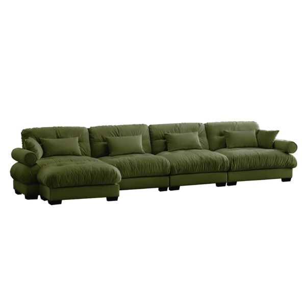 Modern Velvet L Shaped Sectional Cloud Sofa Convertible Deep 4 Seater Modular Couch With Bolstered Armrests - Olive Green