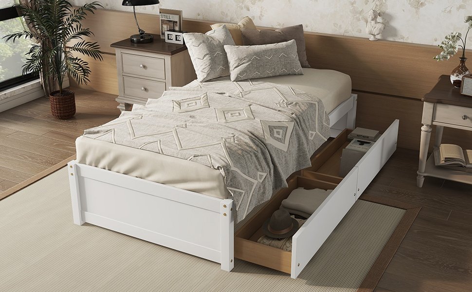 Twin Bed With 2 Drawers, Solid Wood, No Box Spring Needed - White - Image 5