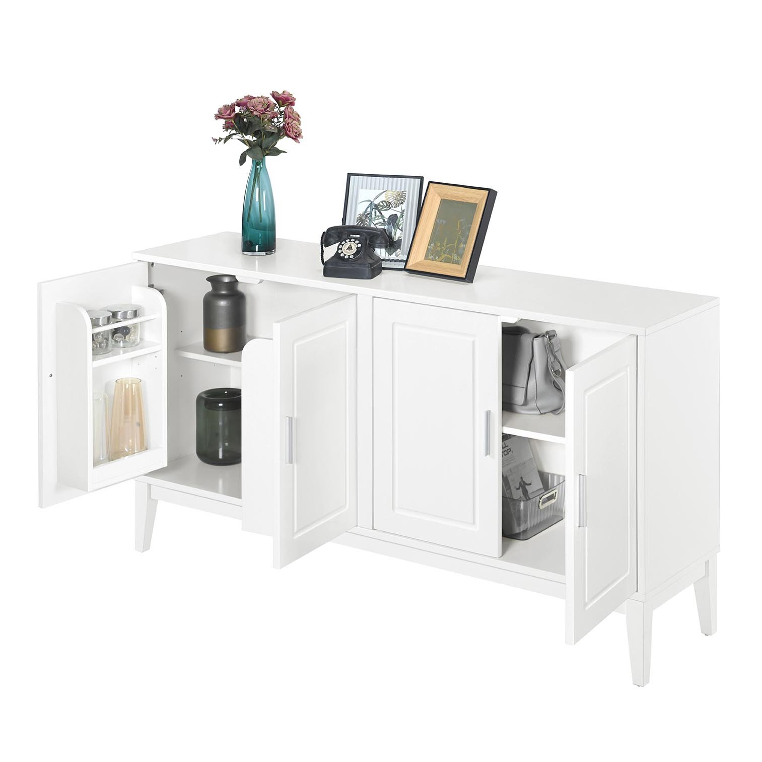 4 Door Sideboard Storage Cabinet With Door Shelf For Living Room And Dining Room, 2 Large Cabinets With Adjustable Shelf - White - Image 10