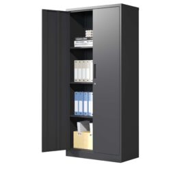 Heavy Metal Garage Storage Cabinet, Tool Steel Locking Cabinet With Doors And 3 Adjustable Shelves - Brushed Nickel