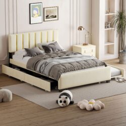 Queen Size Upholstered Platform Bed With 2 Drawers And 1 Trundle, Classic Strip Headboard Design - Beige
