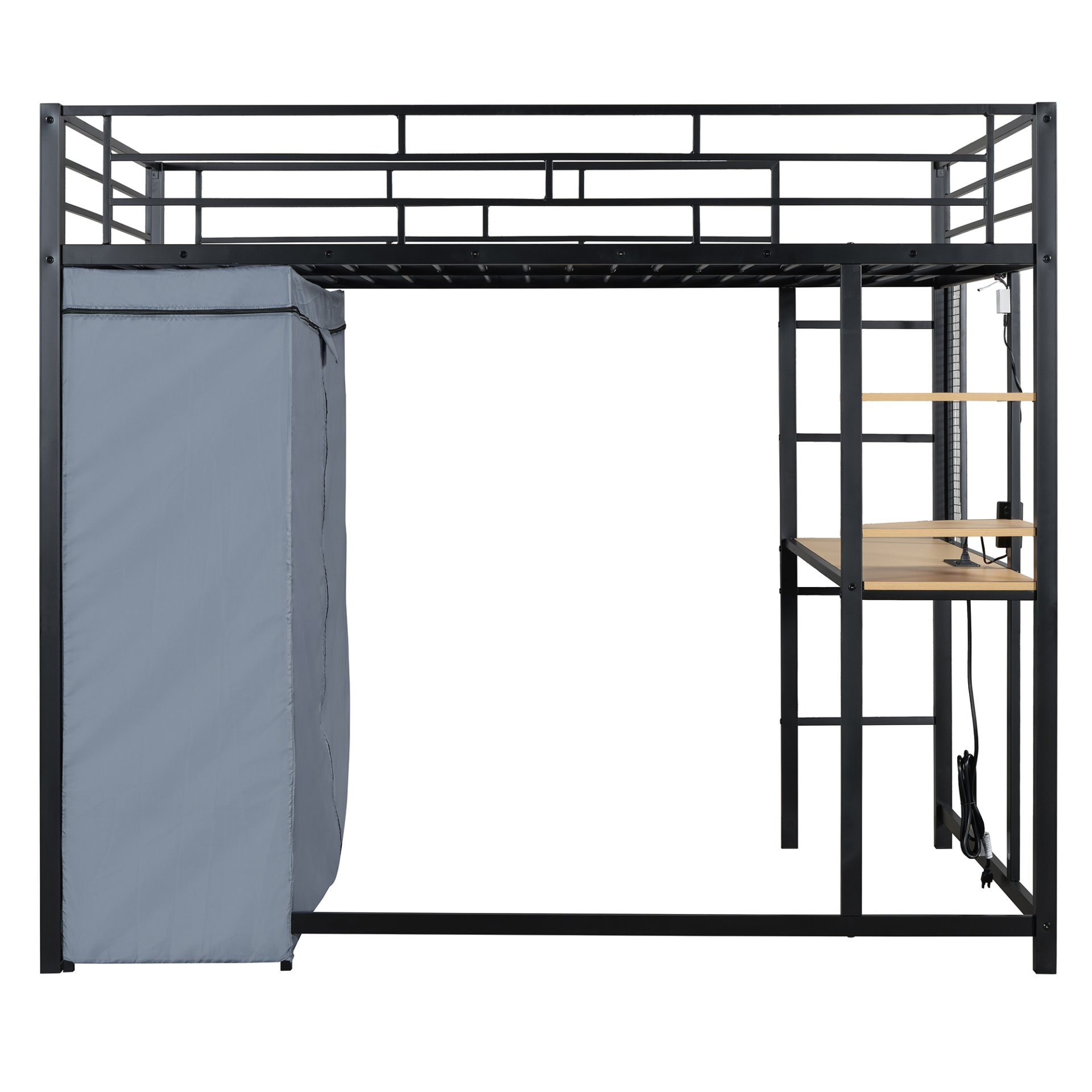 Full Size Loft Bed With Desk, Shelves, Power Outlet, LED Light And Wardrobe - Black - Image 5