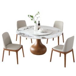 Round Modern Marble Dining Table With 4 Chairs - Walnut / White