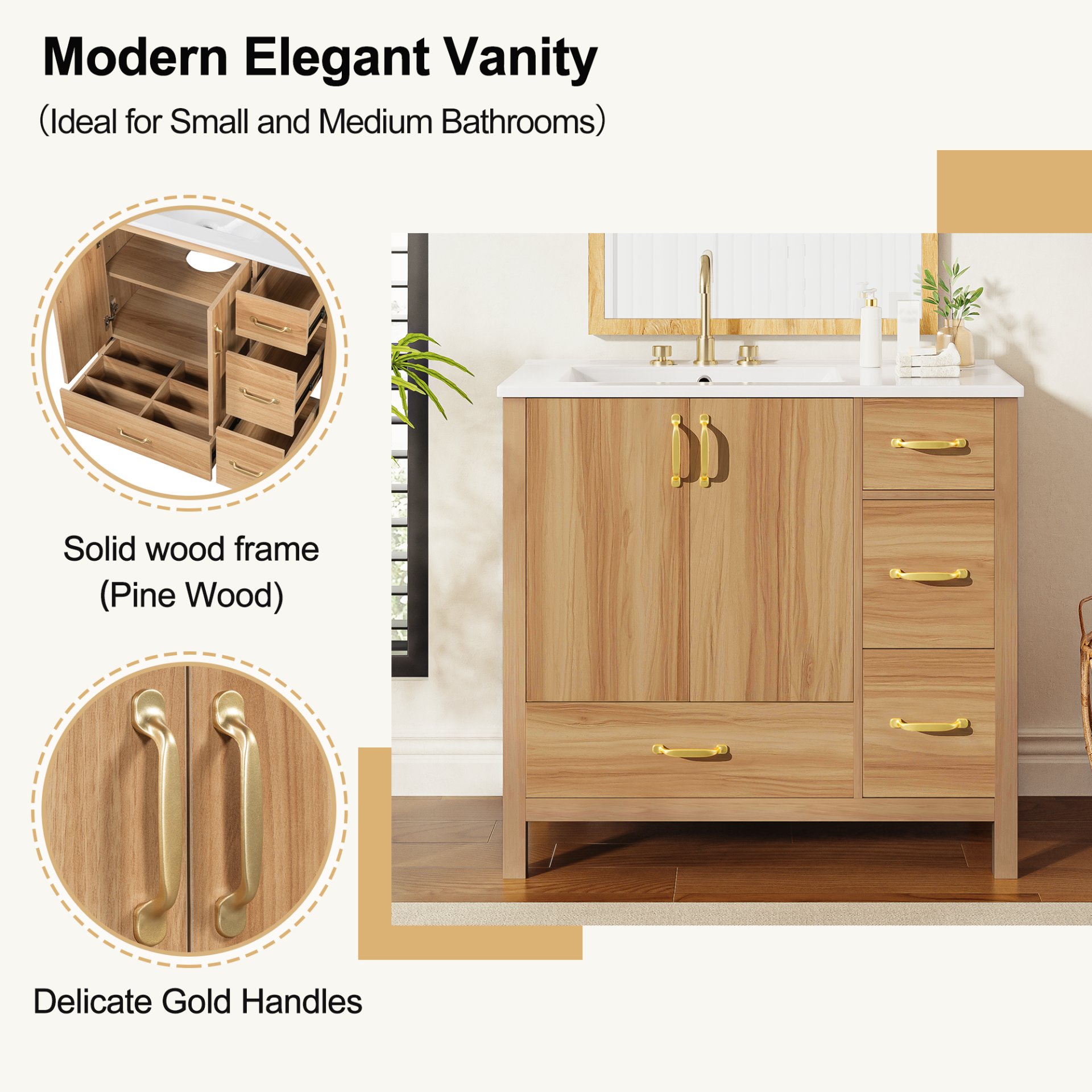 36" Bathroom Vanity, 2 Soft Close Doors, 4 Soft Close Drawers, Adjustable Shelf, Storage Cabinet - Acacia Wood - Image 9