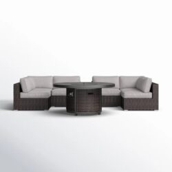 4 Person Outdoor Seating Set With Cushions And Fire Pit, Rustproof - Brown