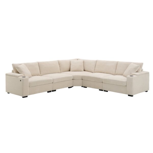Convertible L Shaped Sectional Corner Couch With Armrest Storage Cup Holders USB Charger, Irregular Corner Oversized Comfy Modular Sofa - Beige