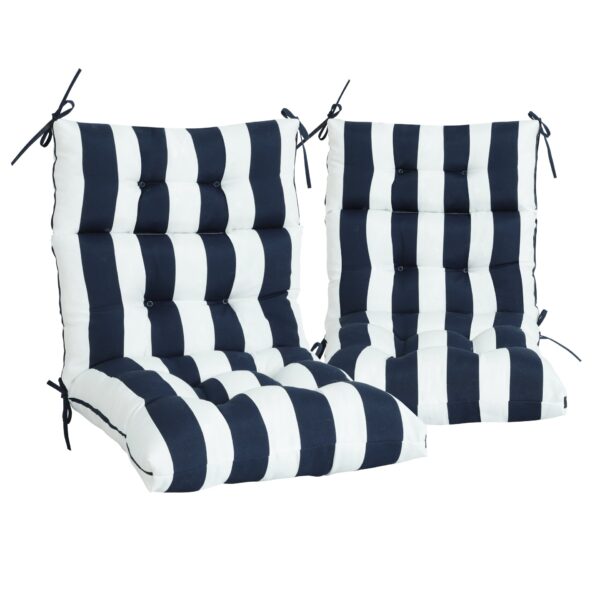2 Piece High Back Chair Cushion Set Tufted Patio Or Rocking Chair Cushions For Garden Or Porch - Blue Stripe