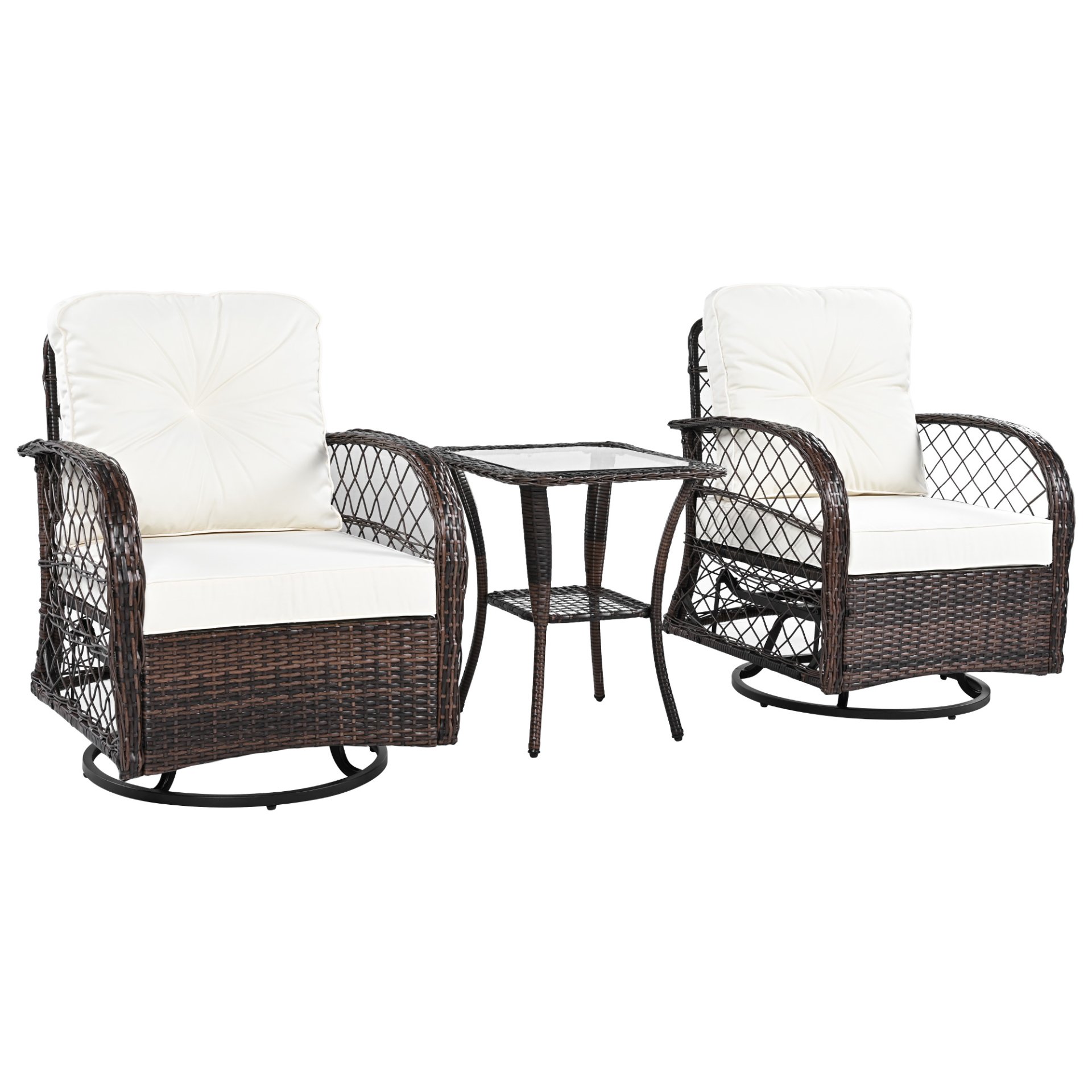 3 Piece Outdoor Chair & Table Set Chat Set 2 Person Rattan Seating Group With 2 Swiveling And Rocking Chairs And A Square Table For Garden, Patio, Or Balcony - Brown - Image 13